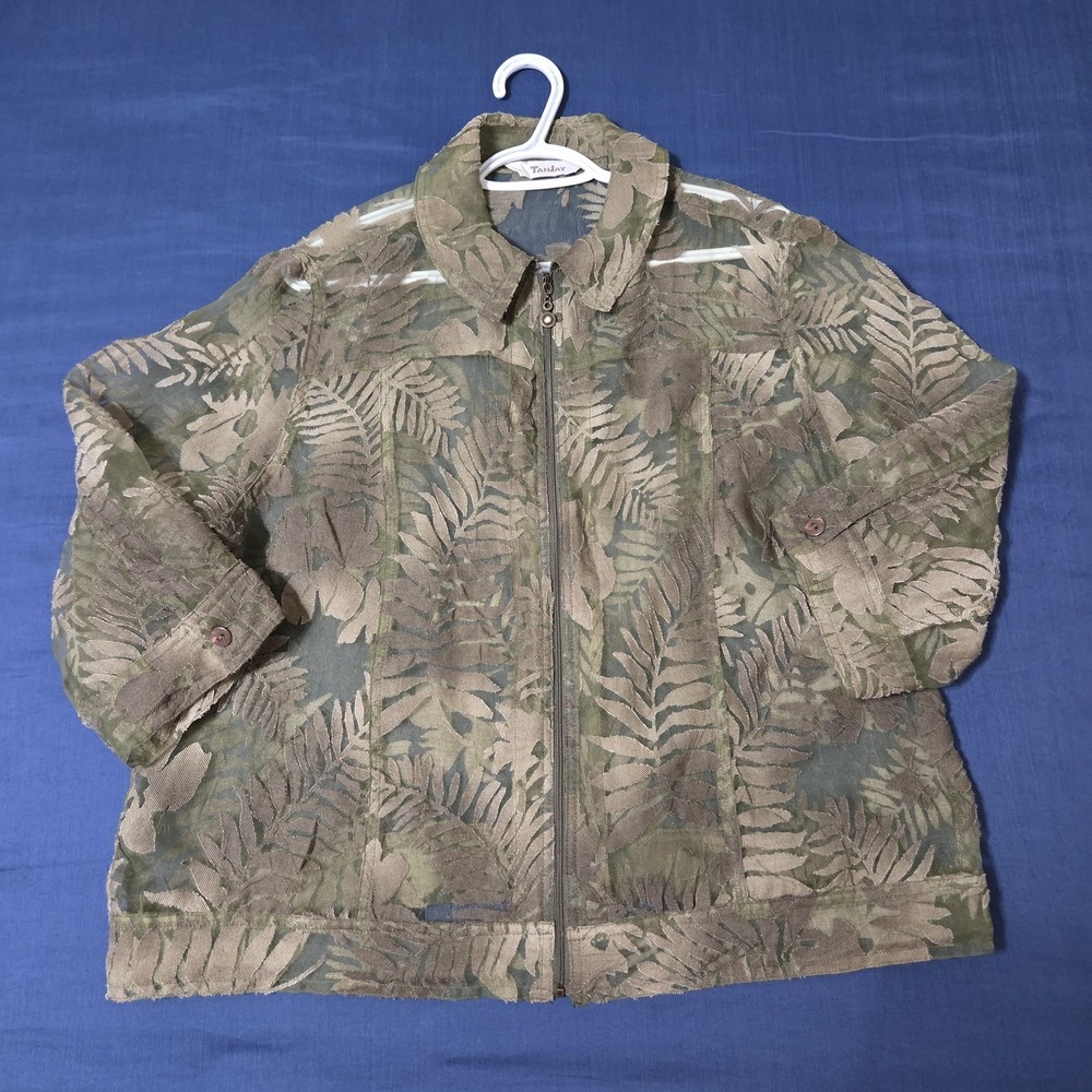 TanJay Jacket Womens L Green Mesh Sheer Floral Zip 3/4 Sleeve Lightweight Topper